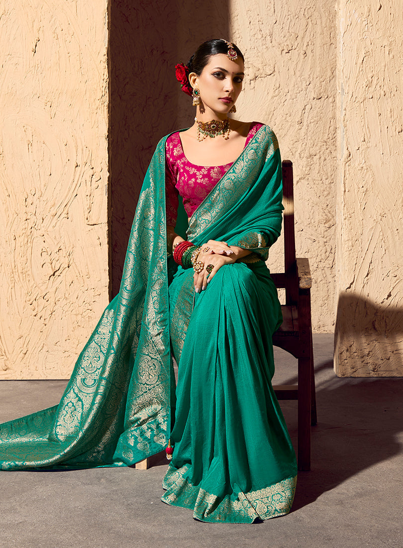 Monjolika Fashion Teal Crepe Georgette Zari Weaving Work Saree | Grocsy