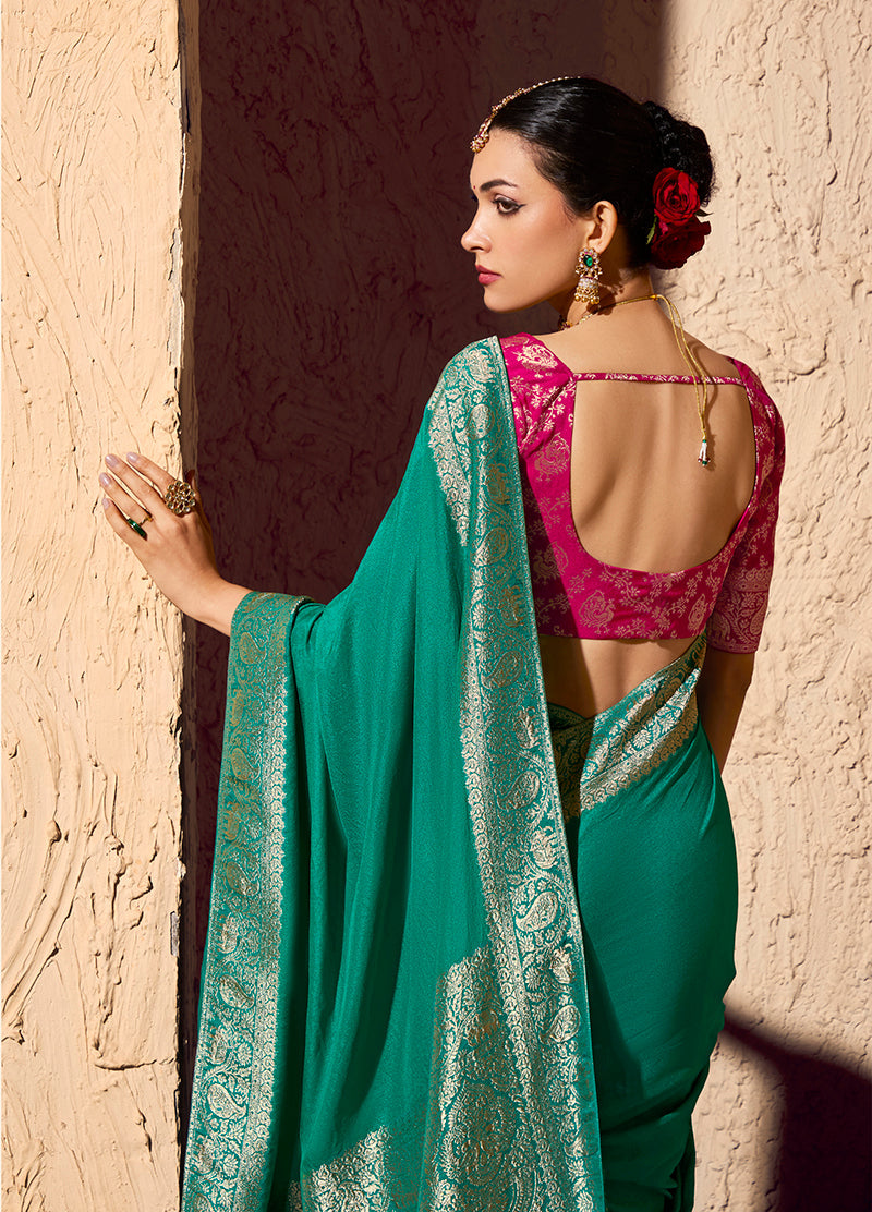 Monjolika Fashion Teal Crepe Georgette Zari Weaving Work Saree | Grocsy