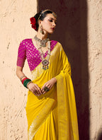 Monjolika Fashion Yellow Crepe Georgette Zari Weaving Work Saree | Grocsy