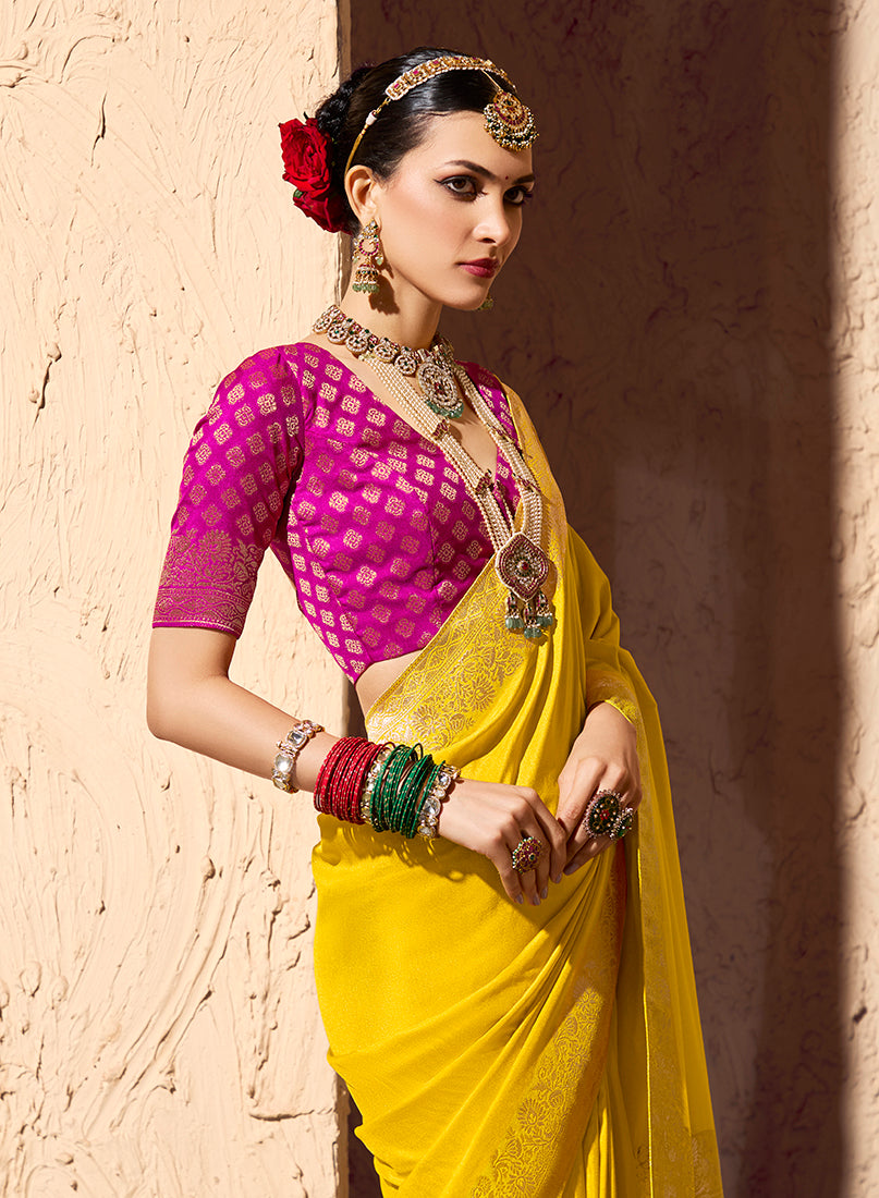 Monjolika Fashion Yellow Crepe Georgette Zari Weaving Work Saree | Grocsy