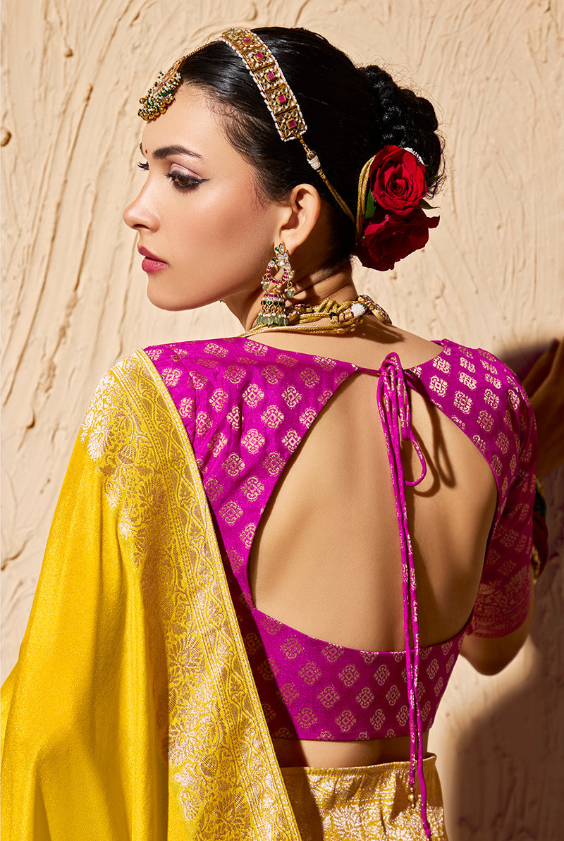 Monjolika Fashion Yellow Crepe Georgette Zari Weaving Work Saree | Grocsy