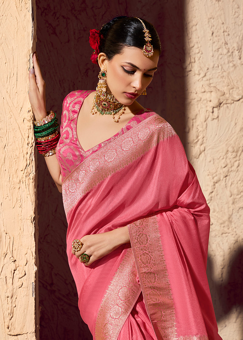 Monjolika Fashion Light Pink Crepe Georgette Zari Weaving Work Saree | Grocsy