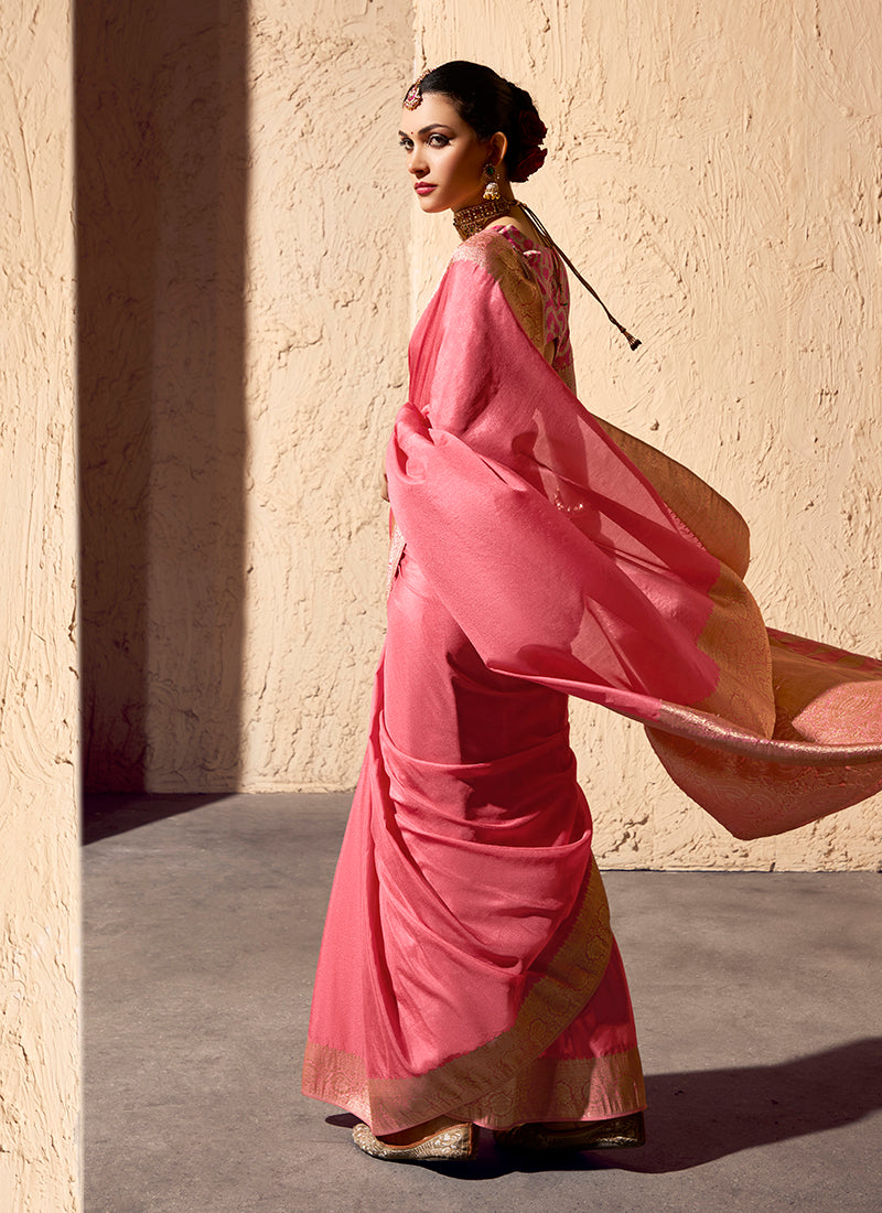 Monjolika Fashion Light Pink Crepe Georgette Zari Weaving Work Saree | Grocsy