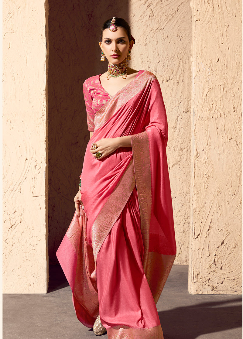Monjolika Fashion Light Pink Crepe Georgette Zari Weaving Work Saree | Grocsy