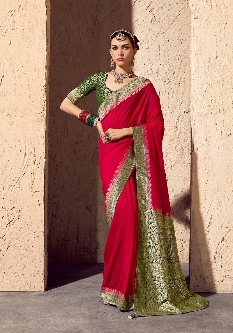 Monjolika Fashion Red Crepe Georgette Zari Weaving Work Saree | Grocsy