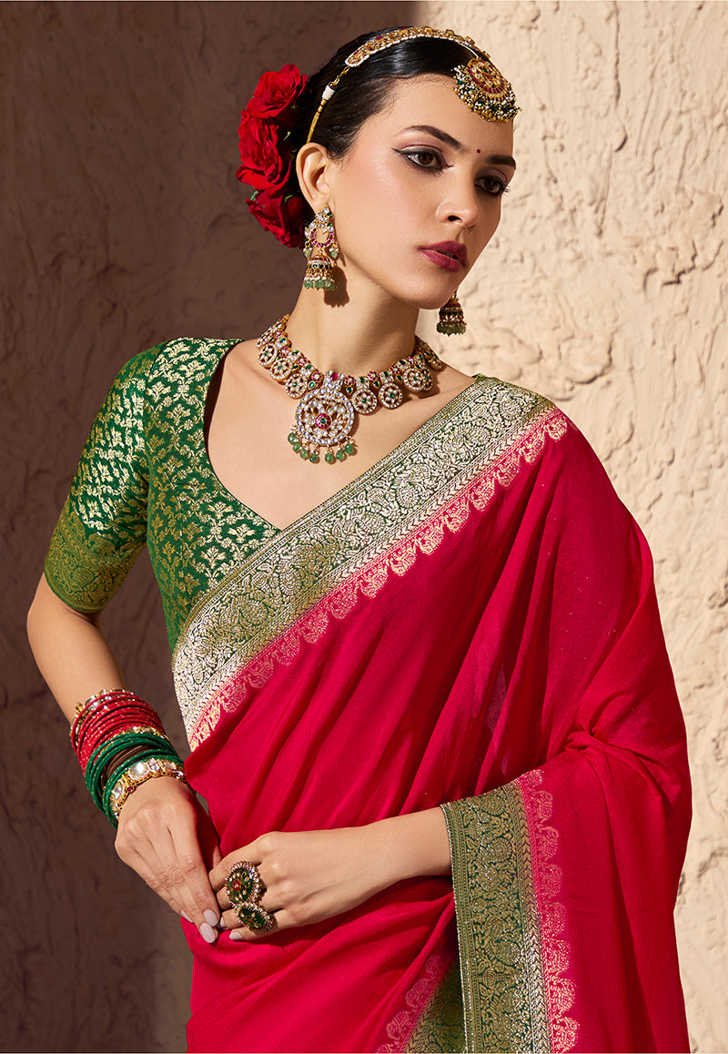 Monjolika Fashion Red Crepe Georgette Zari Weaving Work Saree | Grocsy