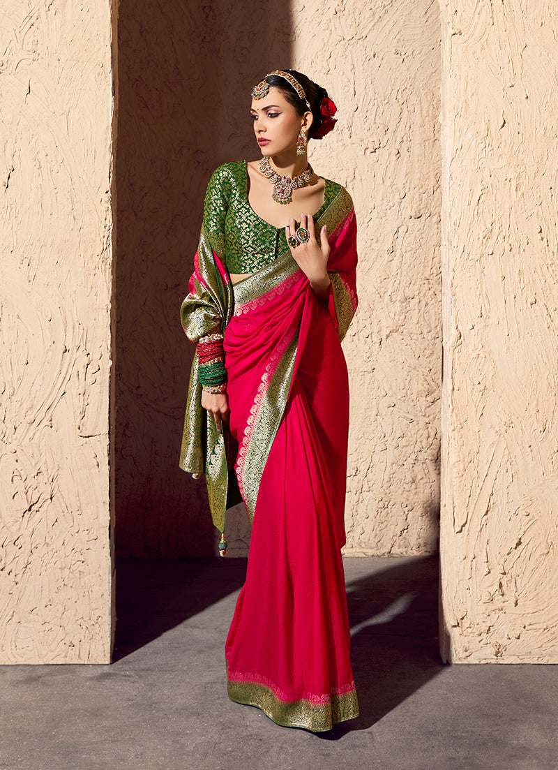 Monjolika Fashion Red Crepe Georgette Zari Weaving Work Saree | Grocsy