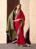 Monjolika Fashion Red Crepe Georgette Zari Weaving Work Saree | Grocsy