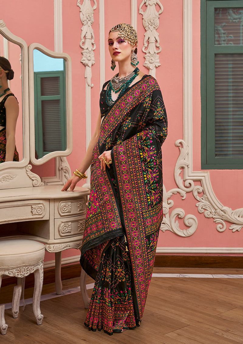 Monjolika Fashion Black Banarasi Silk Traditional Saree with Meenakari and Weaving Work | Grocsy