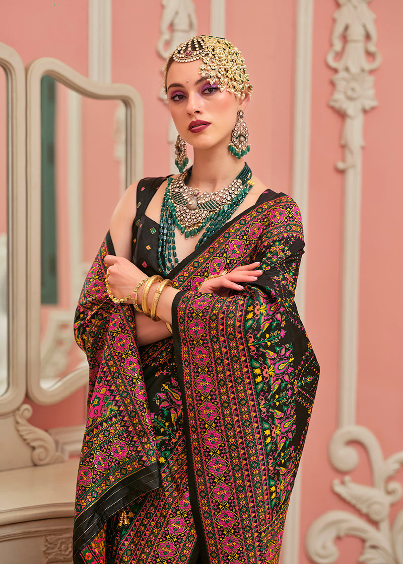 Monjolika Fashion Black Banarasi Silk Traditional Saree with Meenakari and Weaving Work | Grocsy