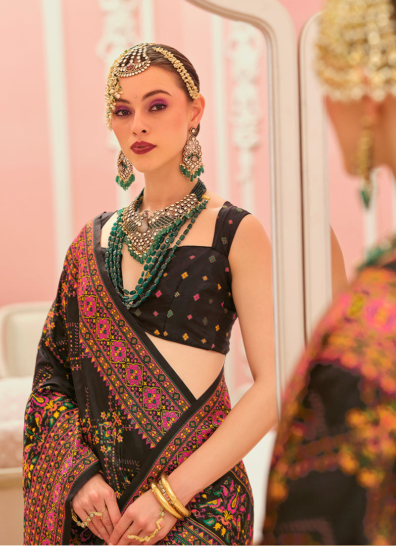 Monjolika Fashion Black Banarasi Silk Traditional Saree with Meenakari and Weaving Work | Grocsy