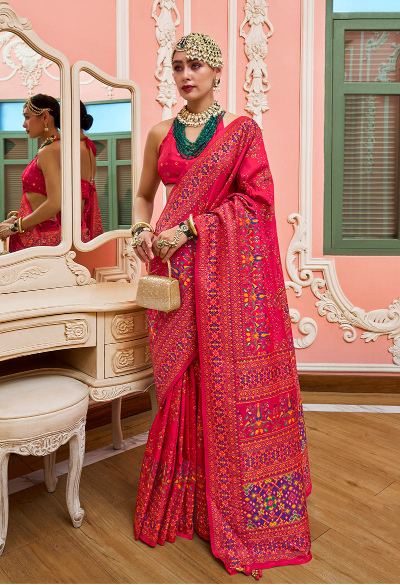 Monjolika Fashion Pink Banarasi Silk Traditional Saree with Meenakari and Weaving Work | Grocsy