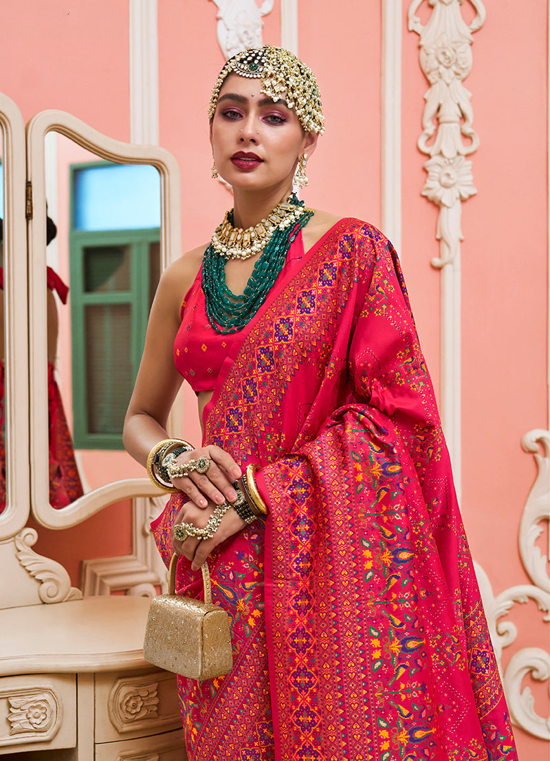 Monjolika Fashion Pink Banarasi Silk Traditional Saree with Meenakari and Weaving Work | Grocsy