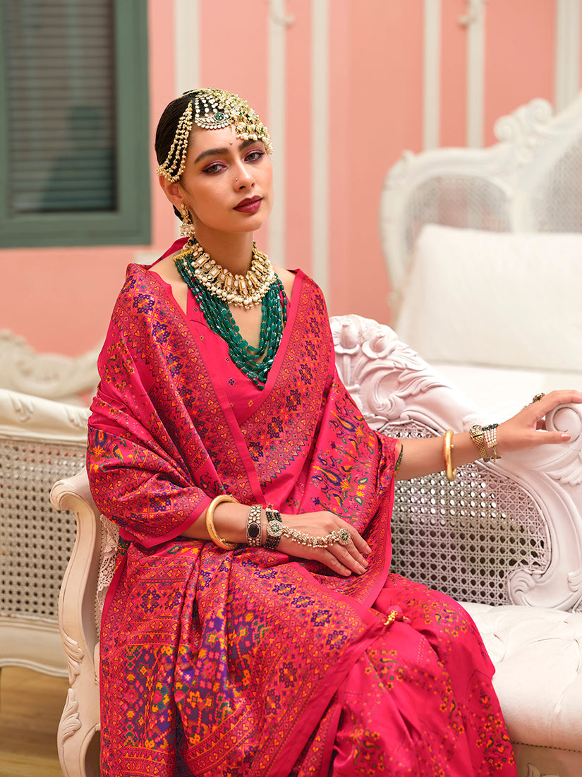 Monjolika Fashion Pink Banarasi Silk Traditional Saree with Meenakari and Weaving Work | Grocsy