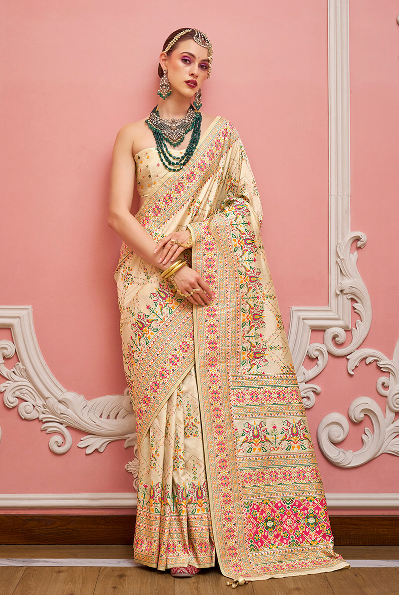 Monjolika Fashion Cream Banarasi Silk Traditional Saree with Meenakari and Weaving Work | Grocsy