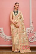 Monjolika Fashion Cream Banarasi Silk Traditional Saree with Meenakari and Weaving Work | Grocsy