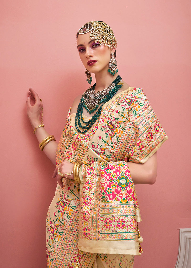 Monjolika Fashion Cream Banarasi Silk Traditional Saree with Meenakari and Weaving Work | Grocsy