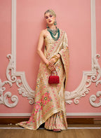 Monjolika Fashion Cream Banarasi Silk Traditional Saree with Meenakari and Weaving Work | Grocsy