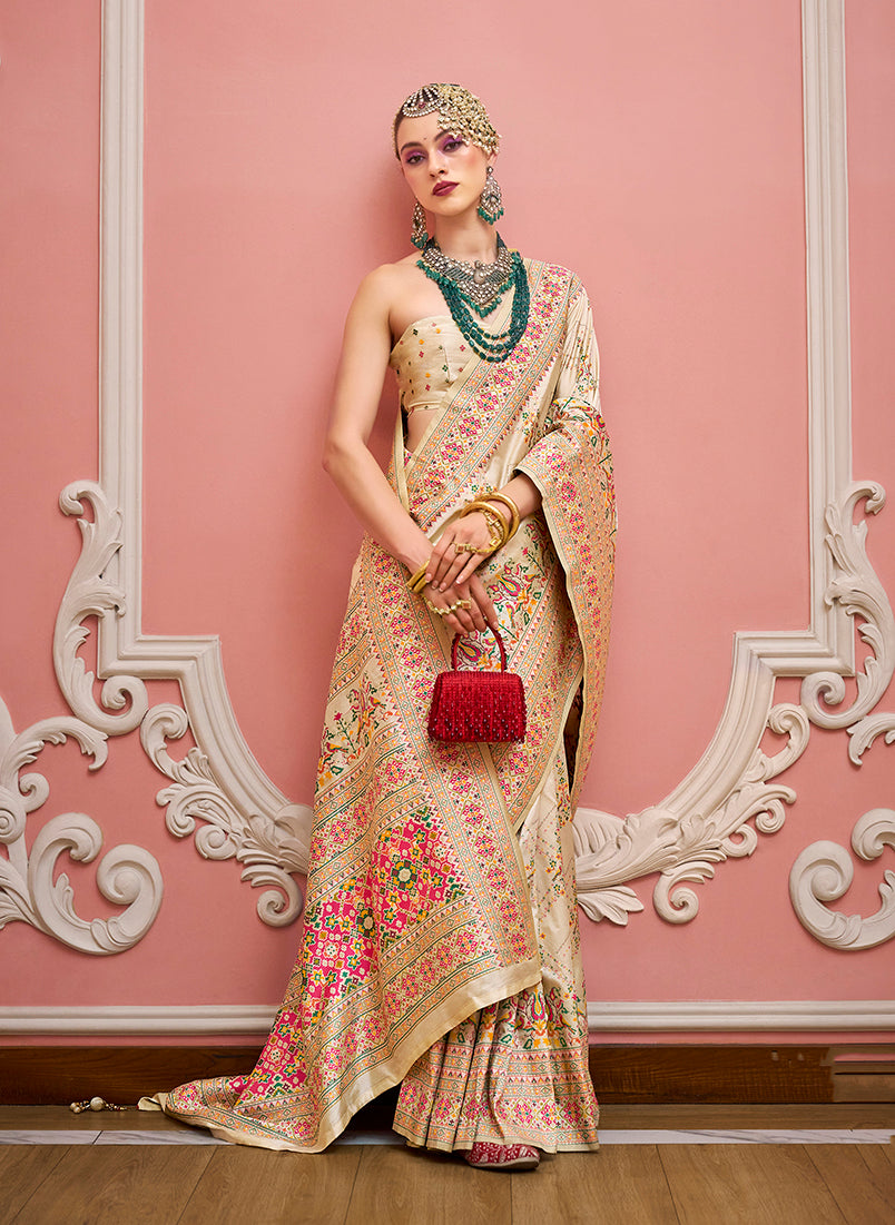Monjolika Fashion Cream Banarasi Silk Traditional Saree with Meenakari and Weaving Work | Grocsy