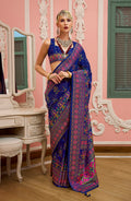 Monjolika Fashion Blue Banarasi Silk Traditional Saree with Meenakari and Weaving Work | Grocsy