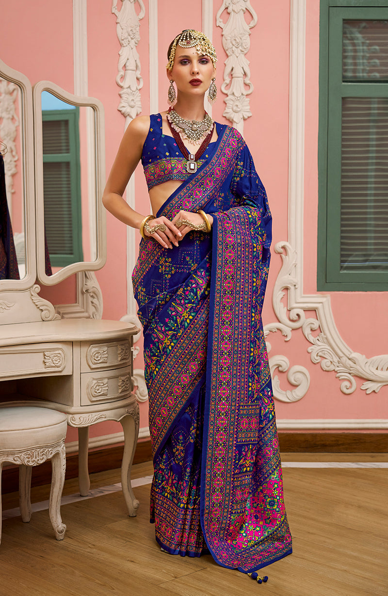 Monjolika Fashion Blue Banarasi Silk Traditional Saree with Meenakari and Weaving Work | Grocsy