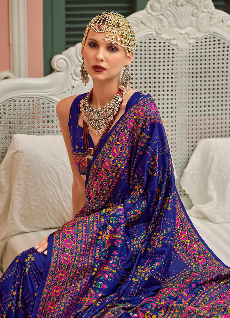 Monjolika Fashion Blue Banarasi Silk Traditional Saree with Meenakari and Weaving Work | Grocsy