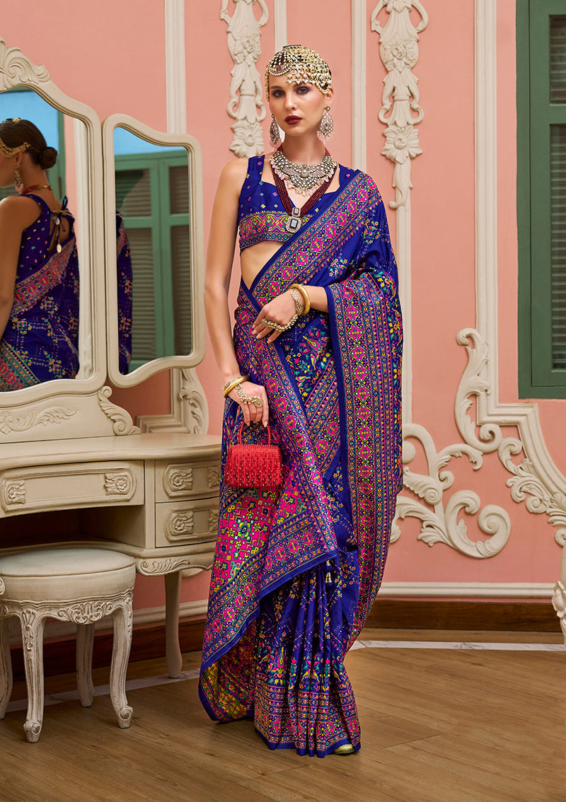 Monjolika Fashion Blue Banarasi Silk Traditional Saree with Meenakari and Weaving Work | Grocsy