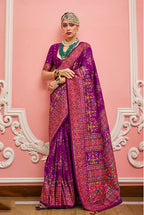 Monjolika Fashion Dark Magenta Banarasi Silk Traditional Saree with Meenakari and Weaving Work | Grocsy
