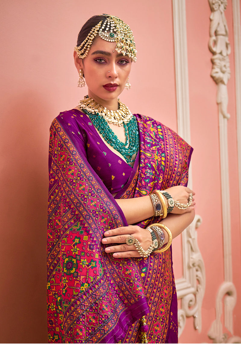Monjolika Fashion Dark Magenta Banarasi Silk Traditional Saree with Meenakari and Weaving Work | Grocsy