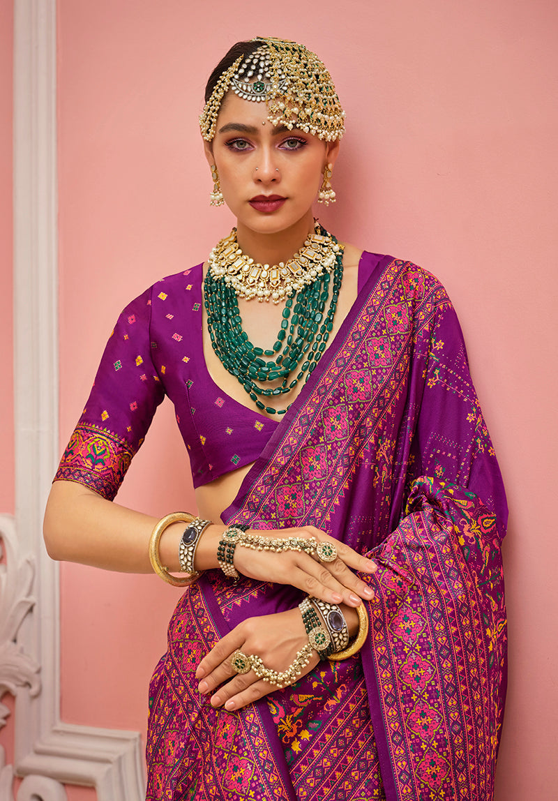 Monjolika Fashion Dark Magenta Banarasi Silk Traditional Saree with Meenakari and Weaving Work | Grocsy