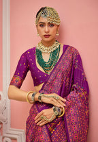 Monjolika Fashion Dark Magenta Banarasi Silk Traditional Saree with Meenakari and Weaving Work | Grocsy