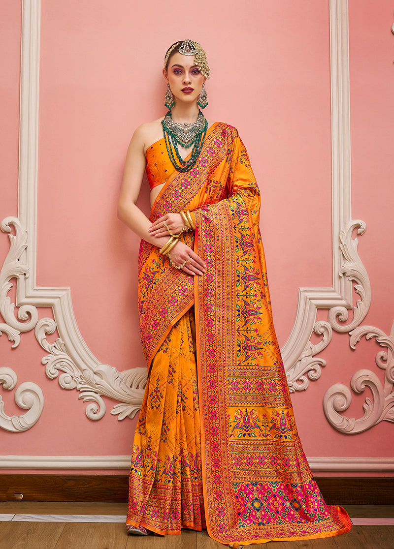 Monjolika Fashion Orange Banarasi Silk Traditional Saree with Meenakari and Weaving Work | Grocsy