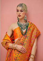 Monjolika Fashion Orange Banarasi Silk Traditional Saree with Meenakari and Weaving Work | Grocsy