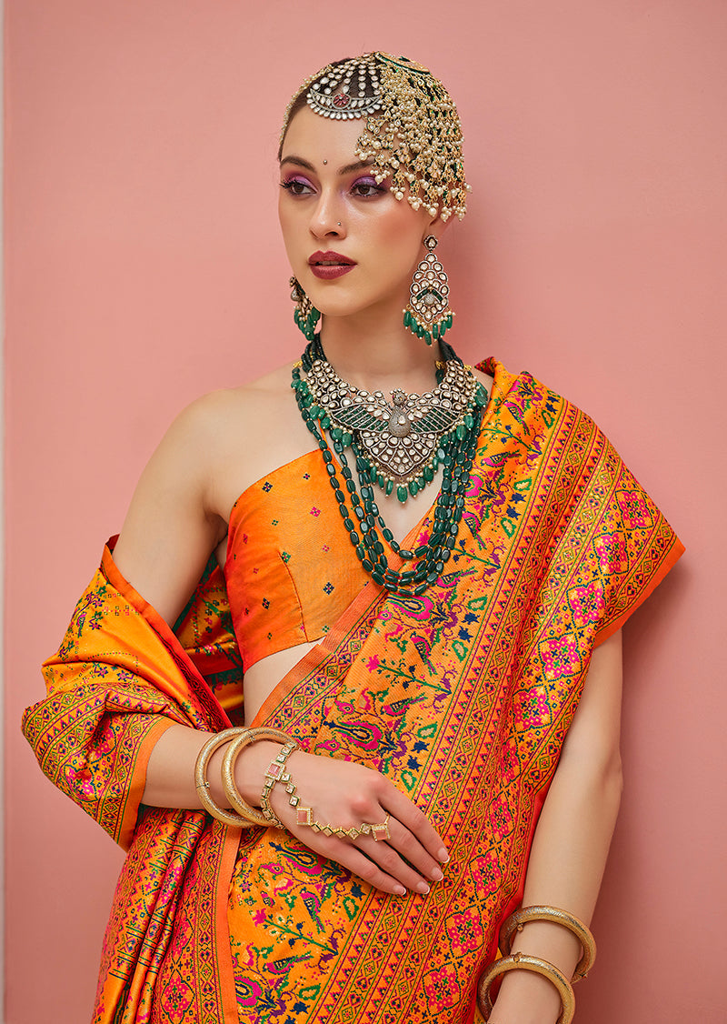 Monjolika Fashion Orange Banarasi Silk Traditional Saree with Meenakari and Weaving Work | Grocsy