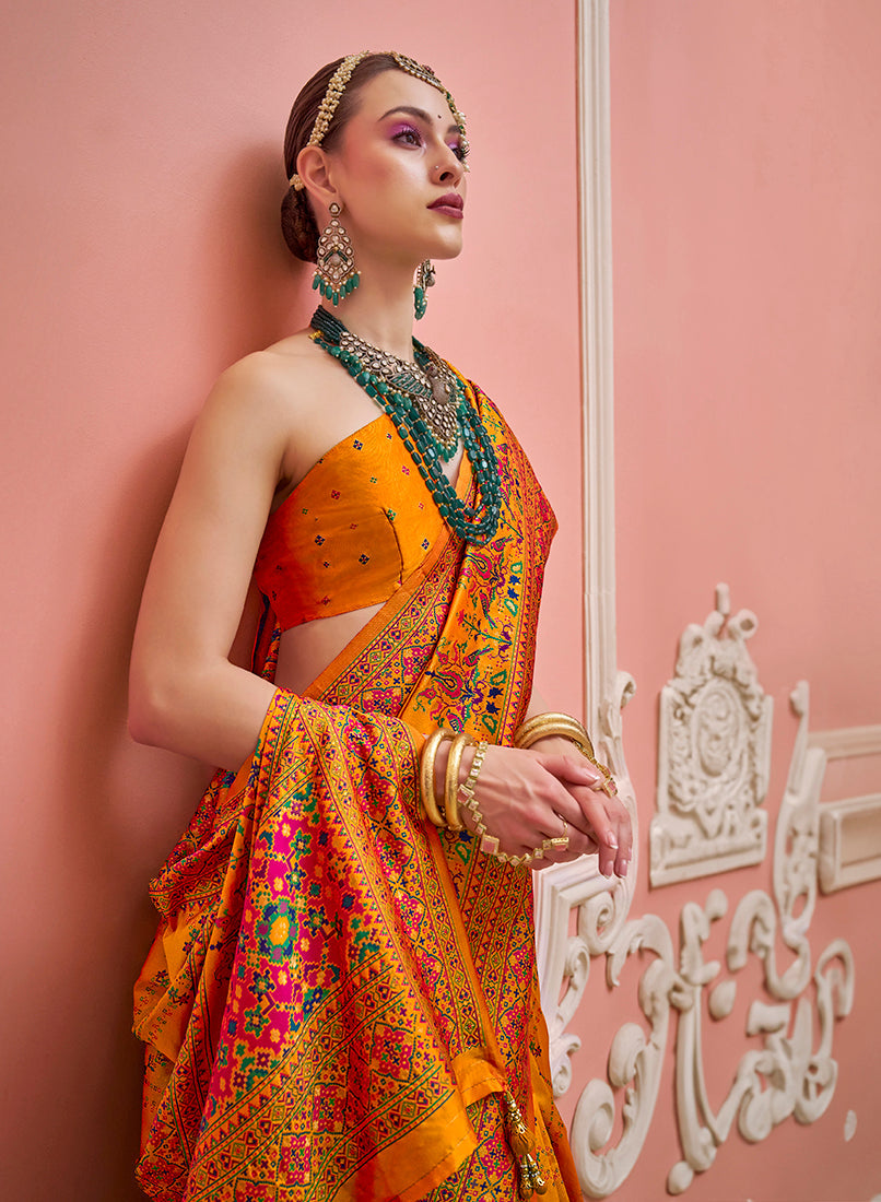Monjolika Fashion Orange Banarasi Silk Traditional Saree with Meenakari and Weaving Work | Grocsy