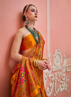 Monjolika Fashion Orange Banarasi Silk Traditional Saree with Meenakari and Weaving Work | Grocsy