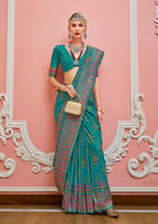 Monjolika Fashion Teal Banarasi Silk Traditional Saree with Meenakari and Weaving Work | Grocsy
