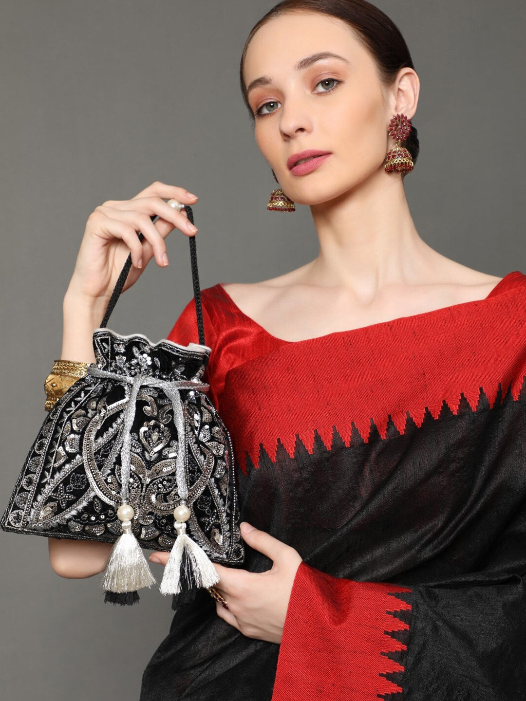 Masq Black & Silver-Toned Embellished Potli Clutch | Grocsy
