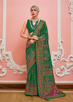 Monjolika Fashion Green Banarasi Silk Traditional Saree with Meenakari and Weaving Work | Grocsy