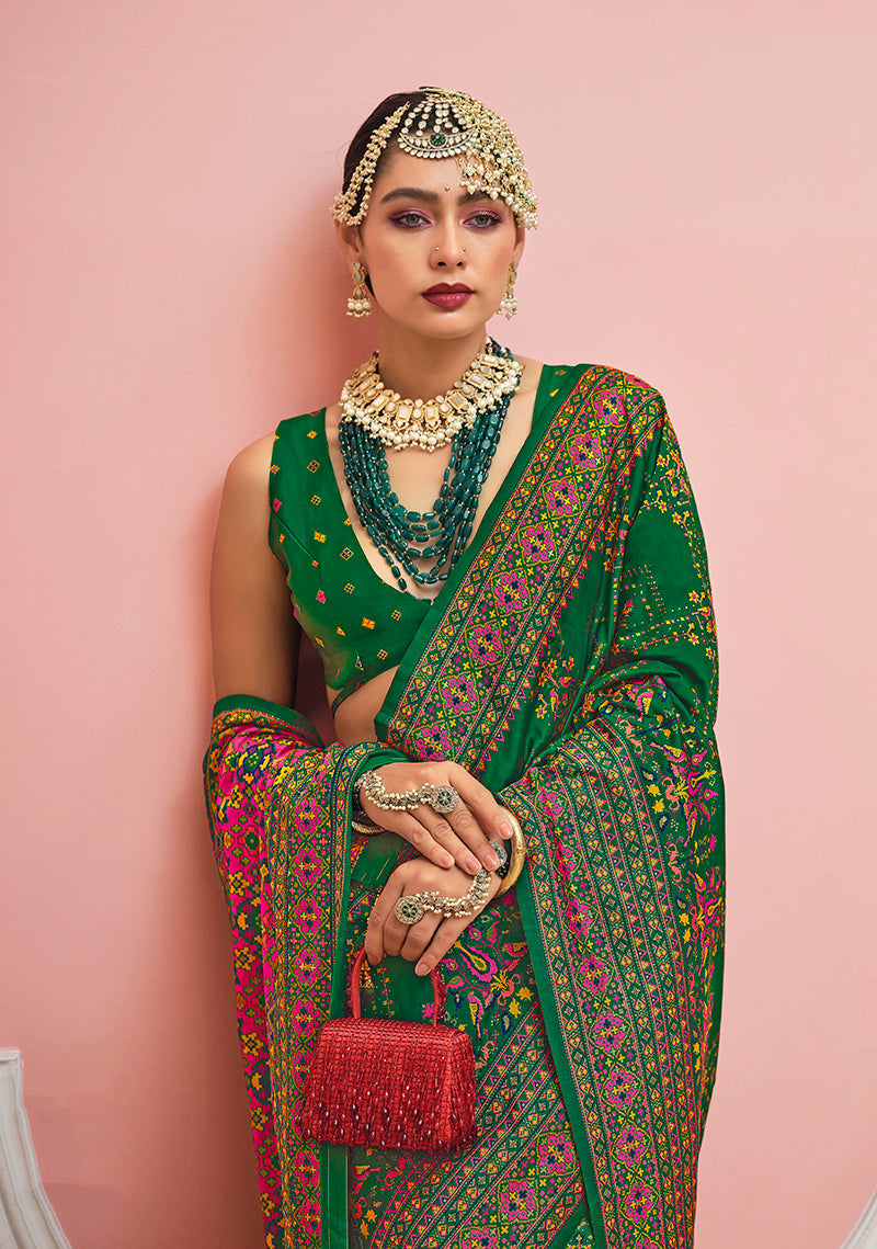 Monjolika Fashion Green Banarasi Silk Traditional Saree with Meenakari and Weaving Work | Grocsy