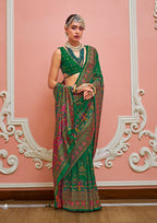 Monjolika Fashion Green Banarasi Silk Traditional Saree with Meenakari and Weaving Work | Grocsy