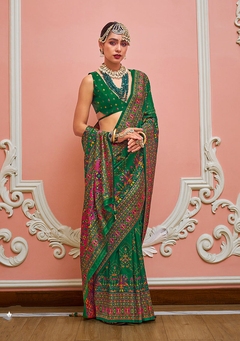 Monjolika Fashion Green Banarasi Silk Traditional Saree with Meenakari and Weaving Work | Grocsy