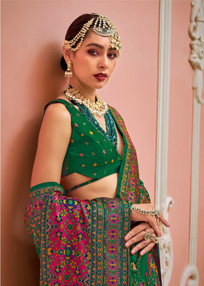 Monjolika Fashion Green Banarasi Silk Traditional Saree with Meenakari and Weaving Work | Grocsy