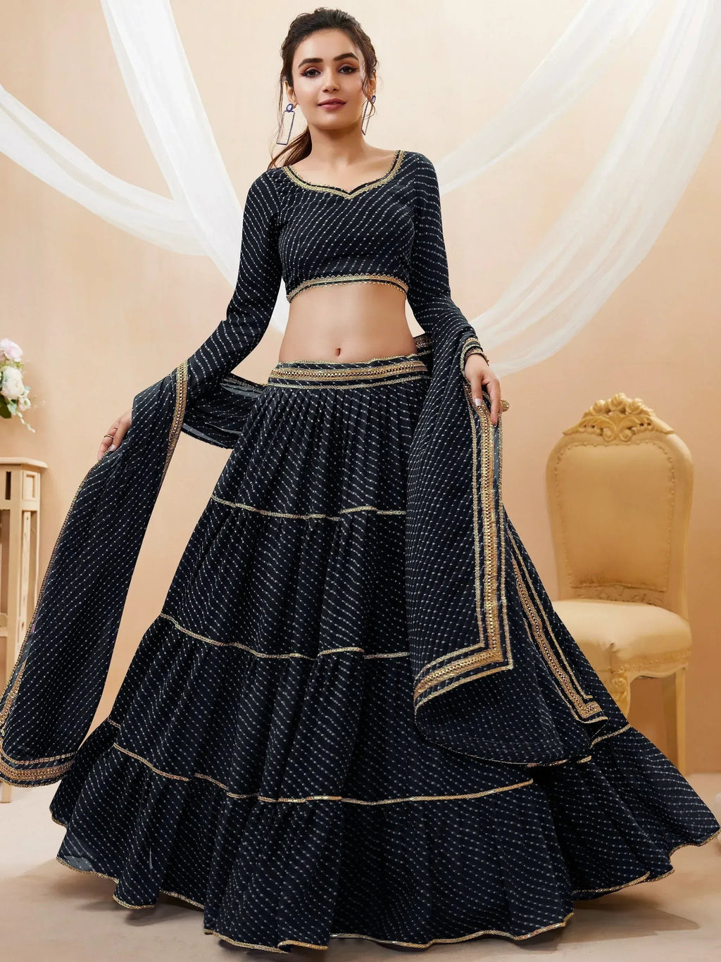 Tulsi Art Wonderful Black Leheriya Printed Georgette Party Wear Lehenga Choli | Grocsy