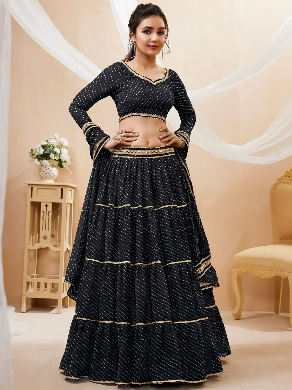 Tulsi Art Wonderful Black Leheriya Printed Georgette Party Wear Lehenga Choli | Grocsy