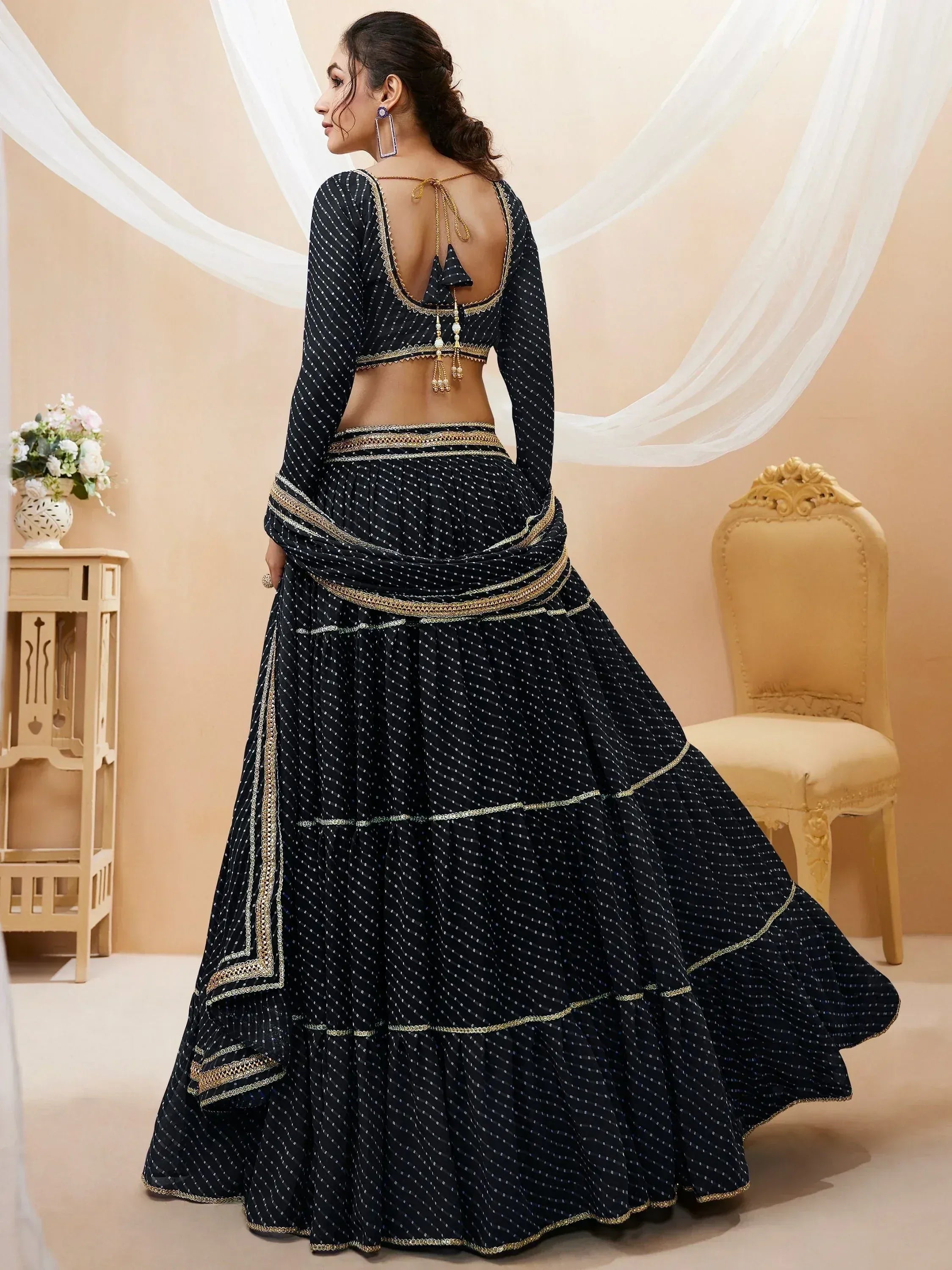 Tulsi Art Wonderful Black Leheriya Printed Georgette Party Wear Lehenga Choli | Grocsy