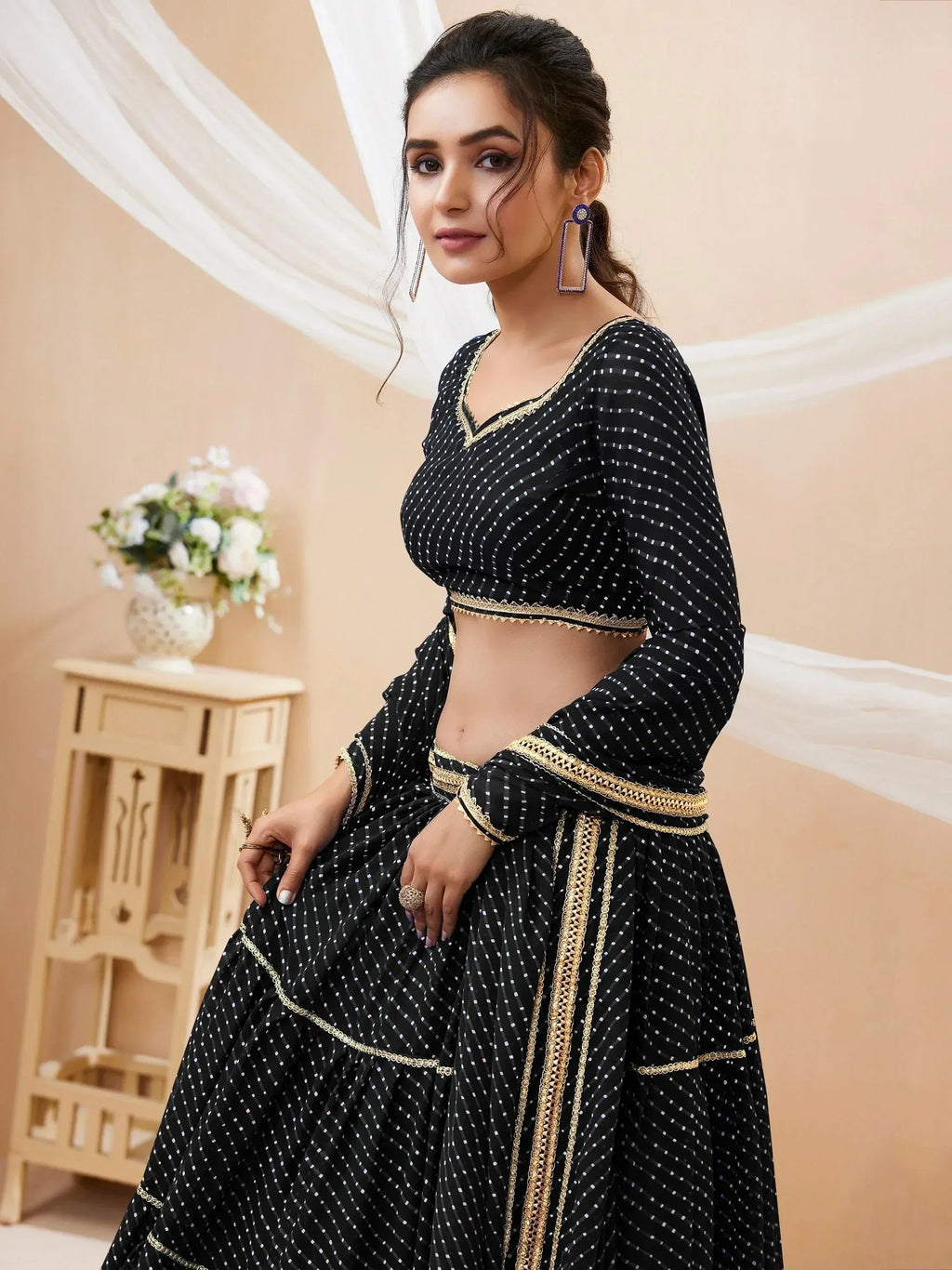 Tulsi Art Wonderful Black Leheriya Printed Georgette Party Wear Lehenga Choli | Grocsy