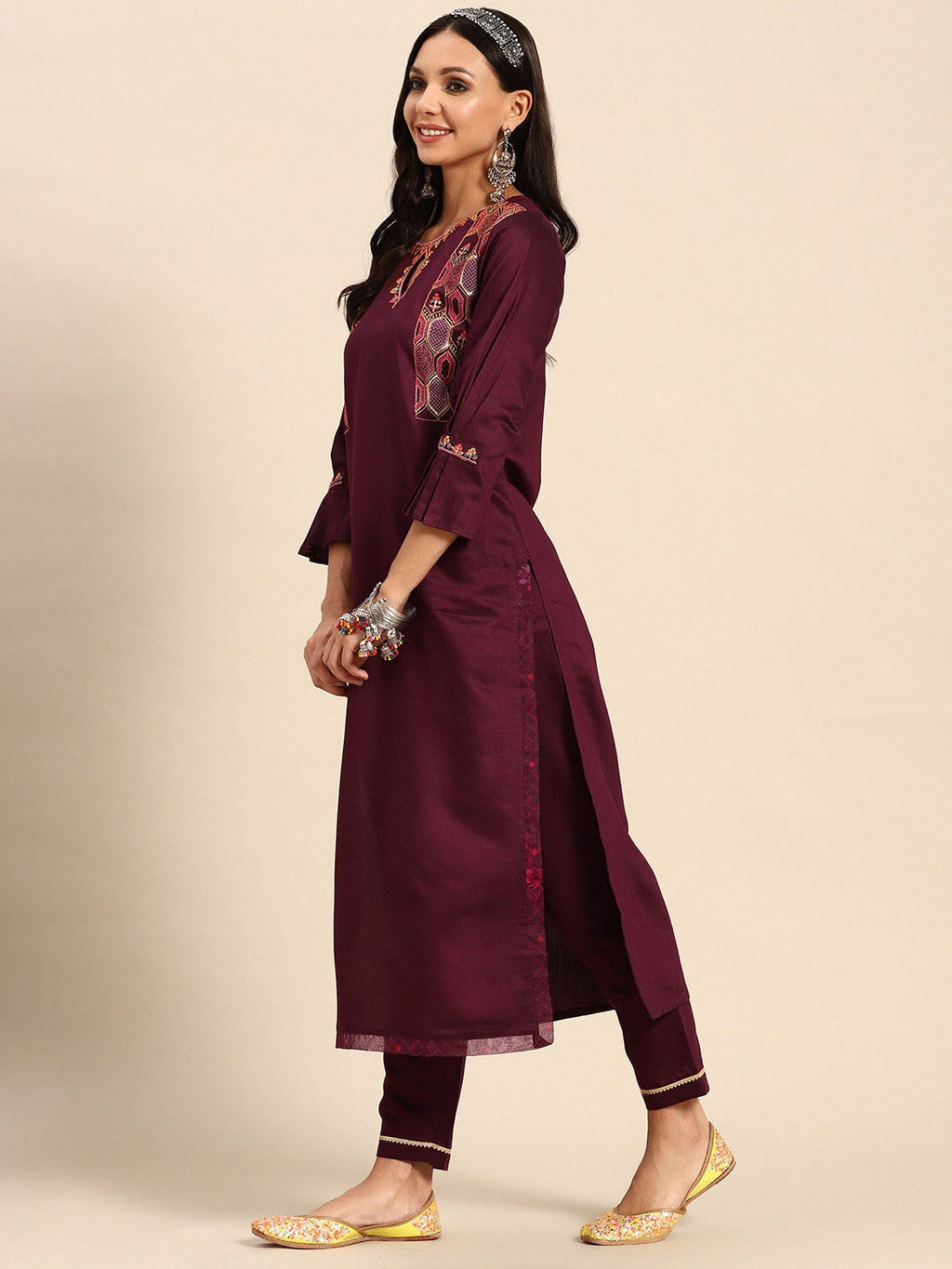 Sangria Women Floral Embroidered Regular Sequinned Kurta With Trousers & With Dupatta | Grocsy