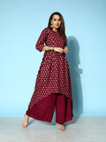 All About You Carmine Maroon Printed A-Line Veere Di Wedding Kurta with Palazzos | Grocsy