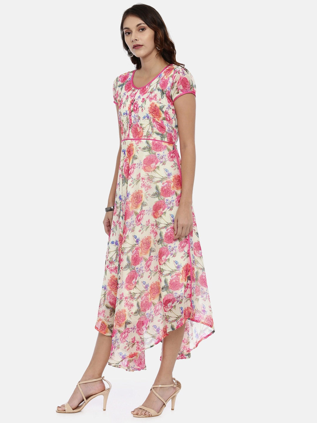 Souchii Off-White & Pink Floral Printed A-Line Dress | Grocsy